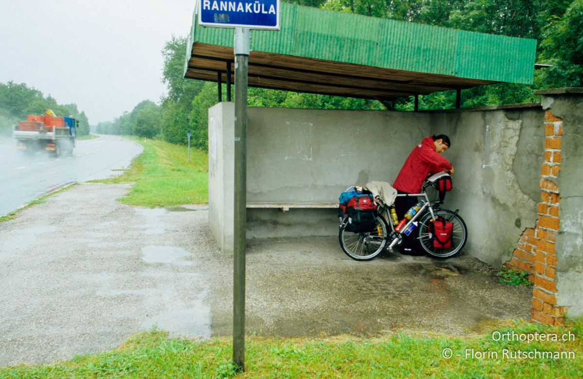 17.08.2004 Nach dem Traumwetter kommt das Sauwetter. Starker Regen durchnässt uns nach wenigen Metern. Bushaltestelle vor Haapsalu. Estland