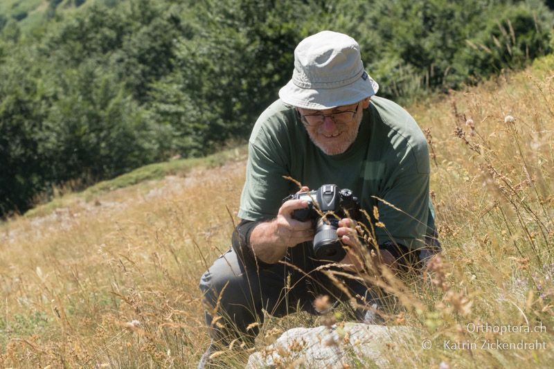 Daniel ist ganz konzentriert beim Fotografieren von Stenobothrus rubicundulus - GR, Westmakedonien, Mt. Varnous, Pisoderi, 12.07.2017